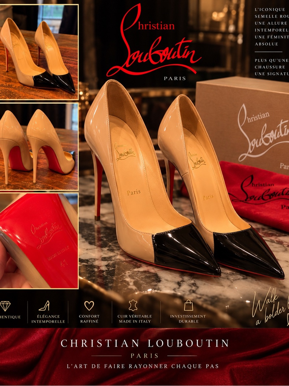 Christian Louboutin Nude and Black Patent Leather Pointed-Toe Pumps